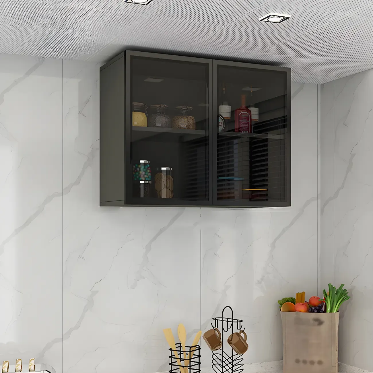 Black Wood Floating Mount Glass Dooor Kitchen China Cabinet Image - 2