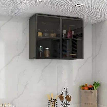Black Wood Floating Mount Glass Dooor Kitchen China Cabinet Image - 2