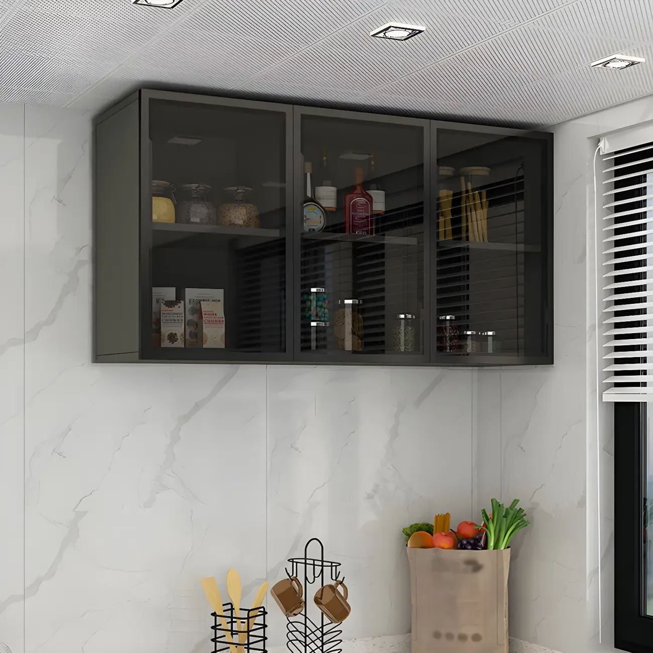 Black Wood Floating Mount Glass Dooor Kitchen China Cabinet Image - 3