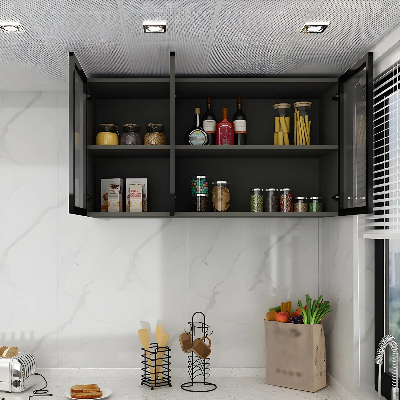 Black Wood Floating Mount Glass Dooor Kitchen China Cabinet Image - 4 | homeyfad