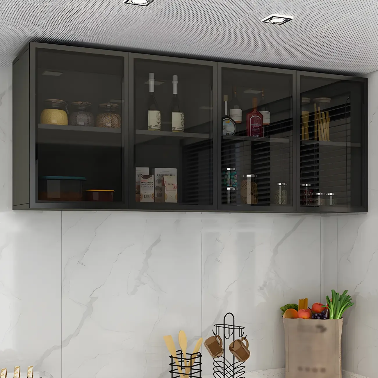 Black Wood Floating Mount Glass Dooor Kitchen China Cabinet Image - 5