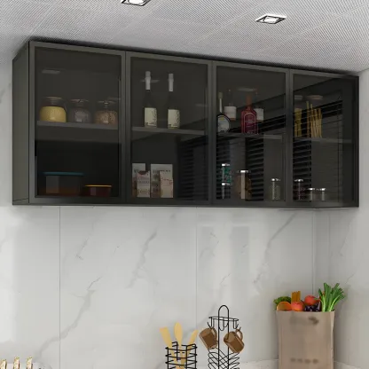 Black Wood Floating Mount Glass Dooor Kitchen China Cabinet Image - 5
