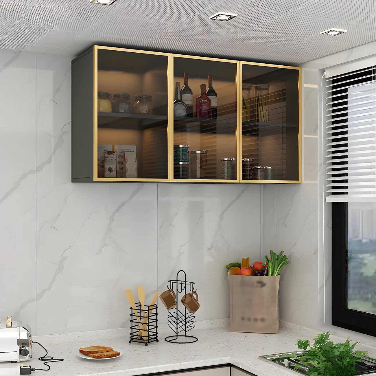 Black Wood Floating Mount Glass Dooor Kitchen China Cabinet Image - 6 | homeyfad