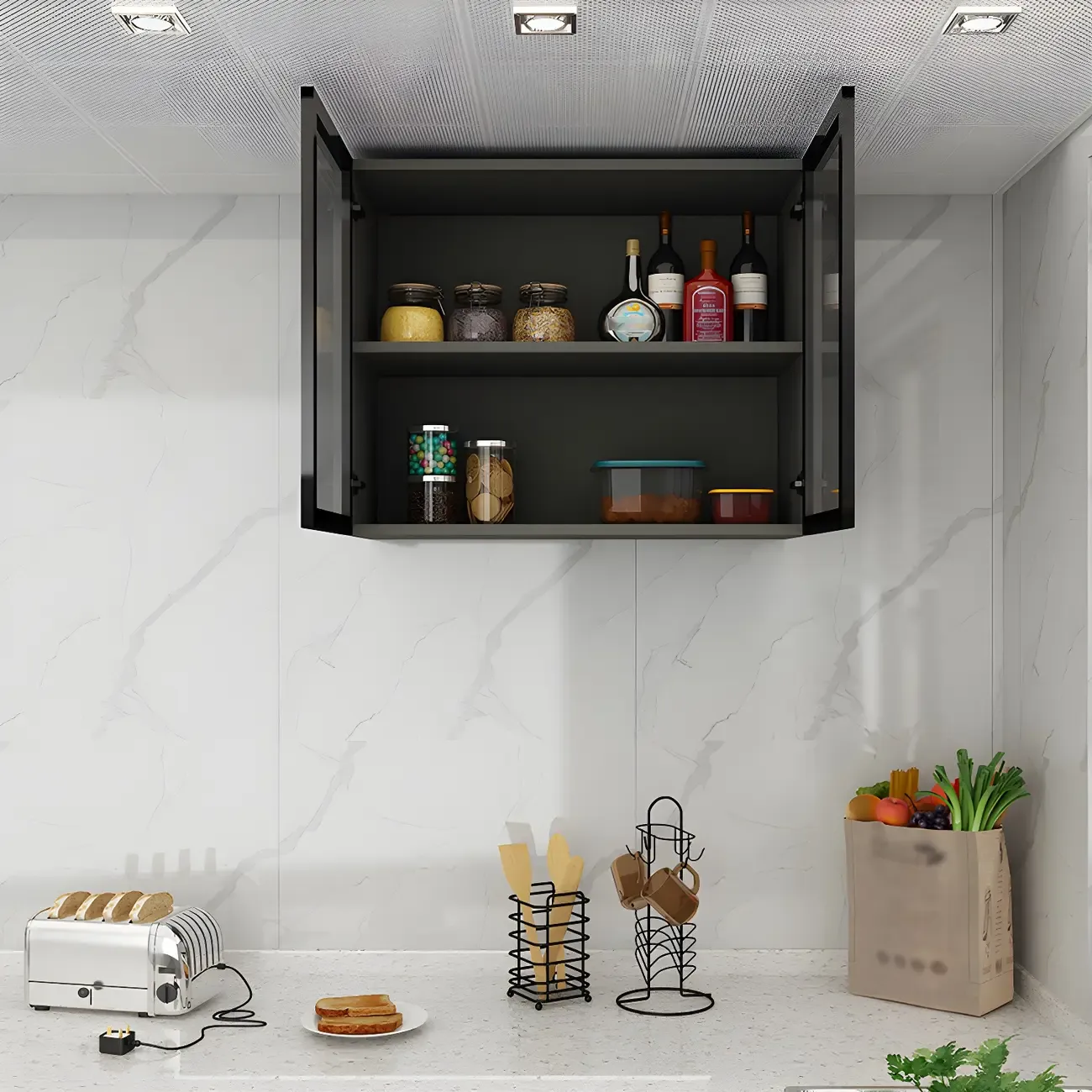 Black Wood Floating Mount Glass Dooor Kitchen China Cabinet Image - 7