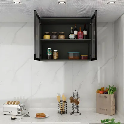 Black Wood Floating Mount Glass Dooor Kitchen China Cabinet Image - 7