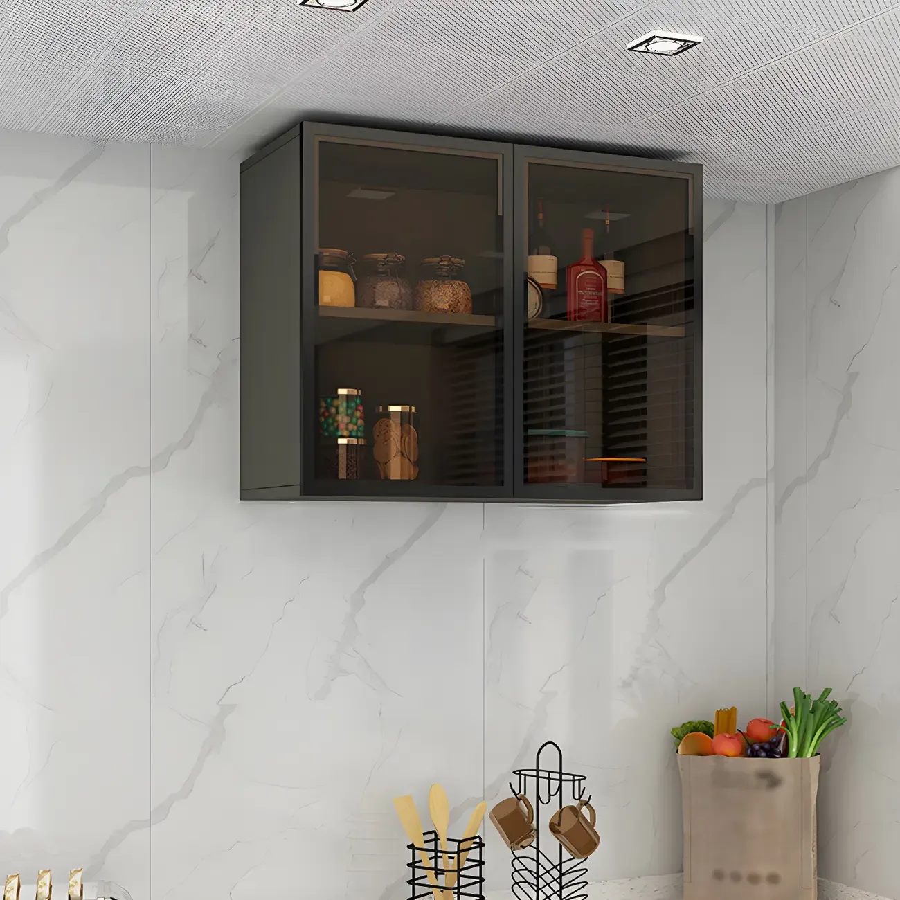 Black Wood Floating Mount Glass Dooor Kitchen China Cabinet Image - 8