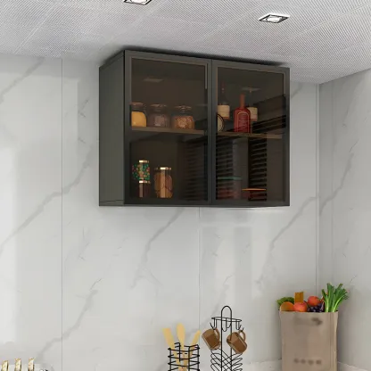 Black Wood Floating Mount Glass Dooor Kitchen China Cabinet Image - 8