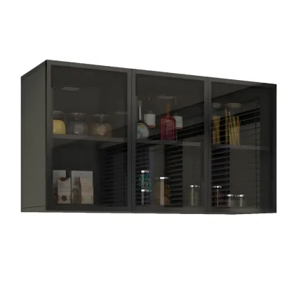 Black Wood Floating Mount Glass Dooor Kitchen China Cabinet Image - 9
