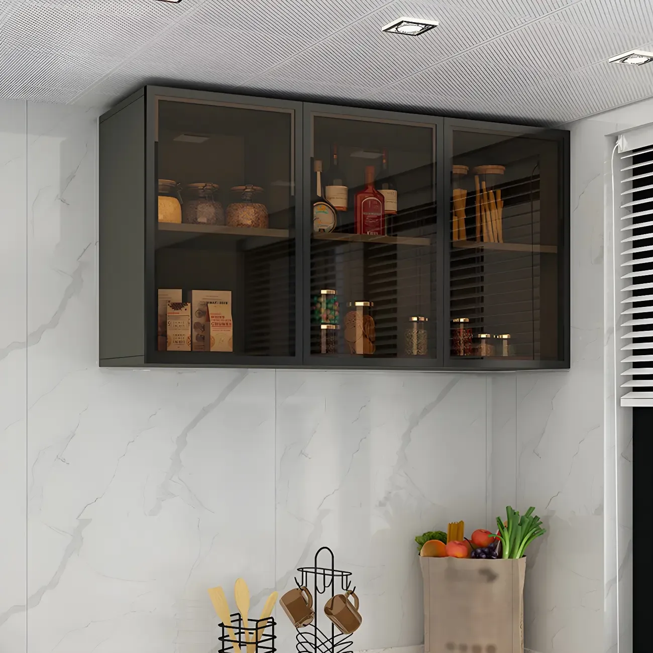 Black Wood Floating Mount Glass Dooor Kitchen China Cabinet Image - 10