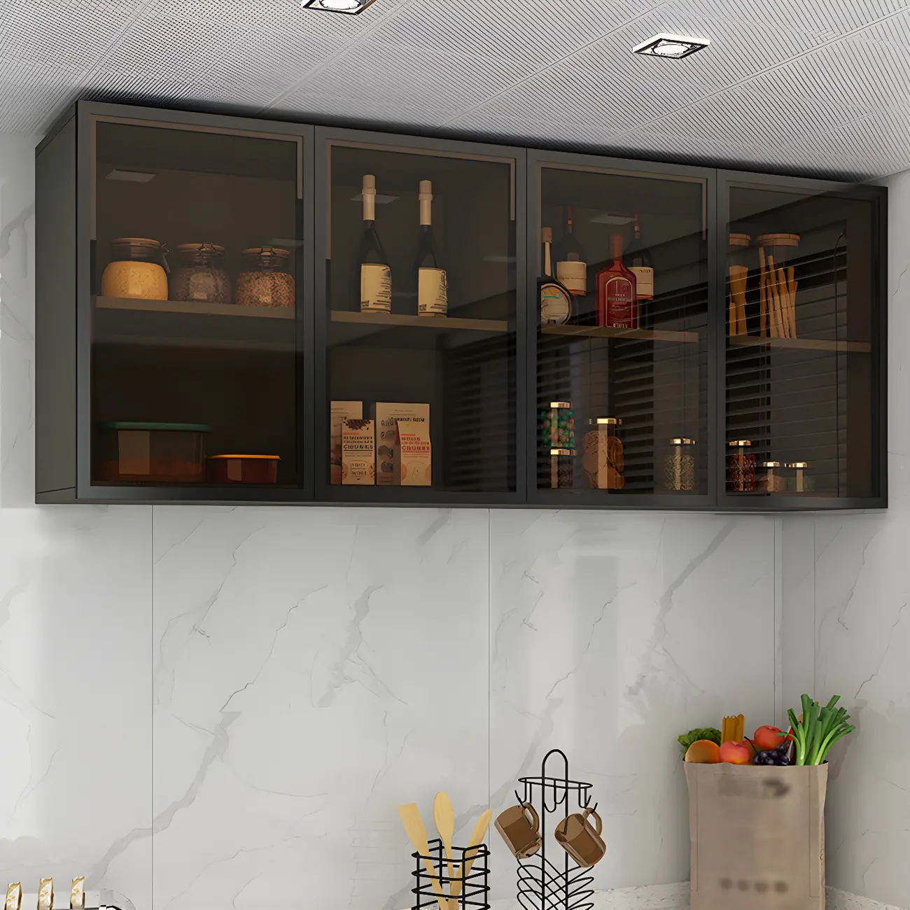 Black Wood Floating Mount Glass Dooor Kitchen China Cabinet Image - 11 | homeyfad
