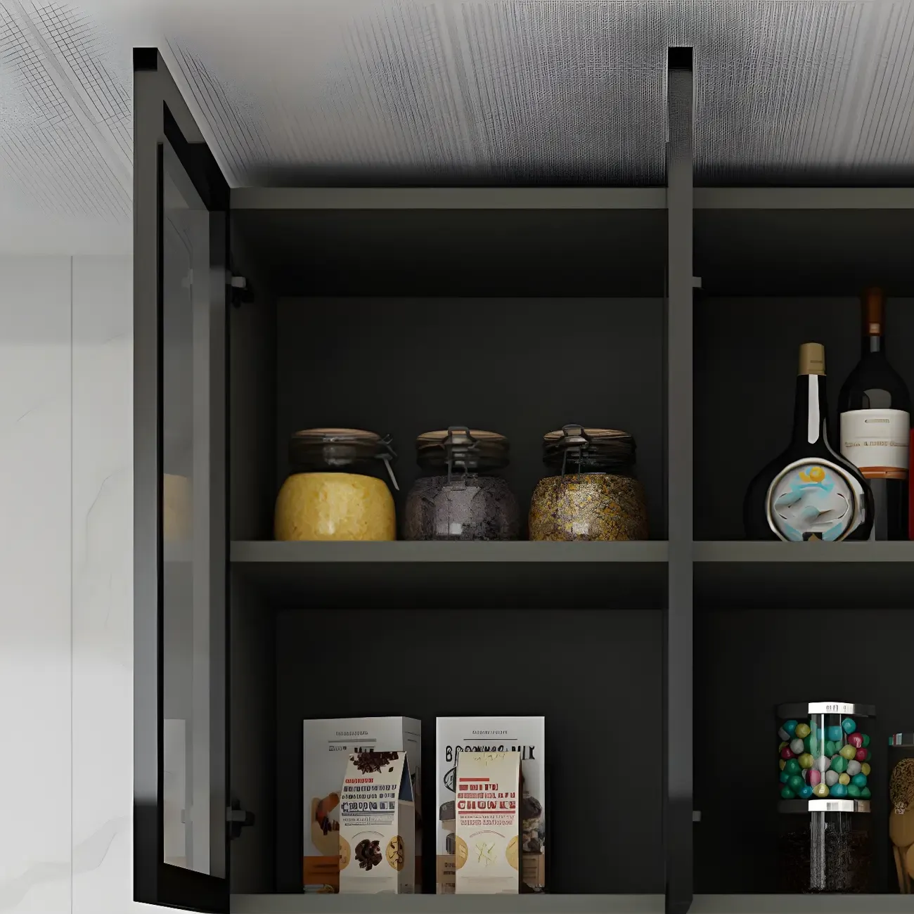 Black Wood Floating Mount Glass Dooor Kitchen China Cabinet Image - 13