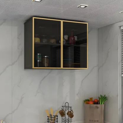 Black Wood Floating Mount Glass Dooor Kitchen China Cabinet Image - 14