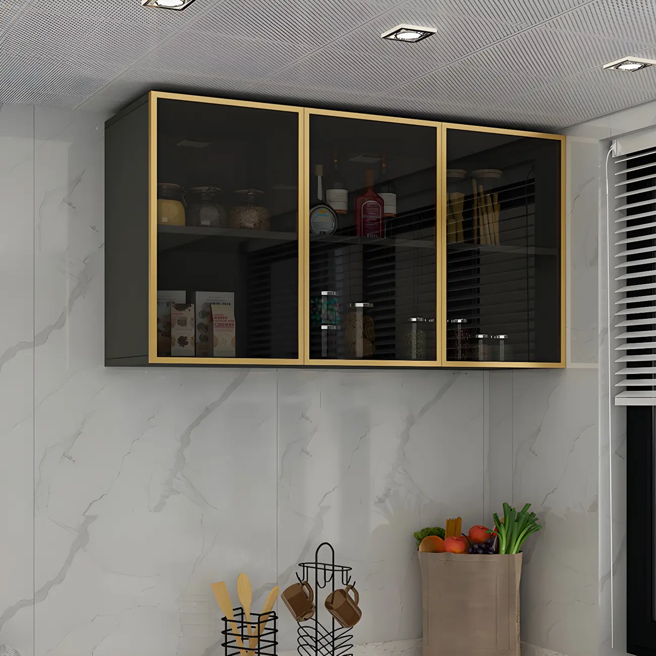 Black Wood Floating Mount Glass Dooor Kitchen China Cabinet Image - 15 | homeyfad