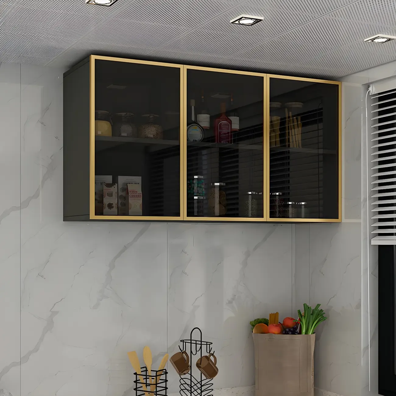 Black Wood Floating Mount Glass Dooor Kitchen China Cabinet Image - 15