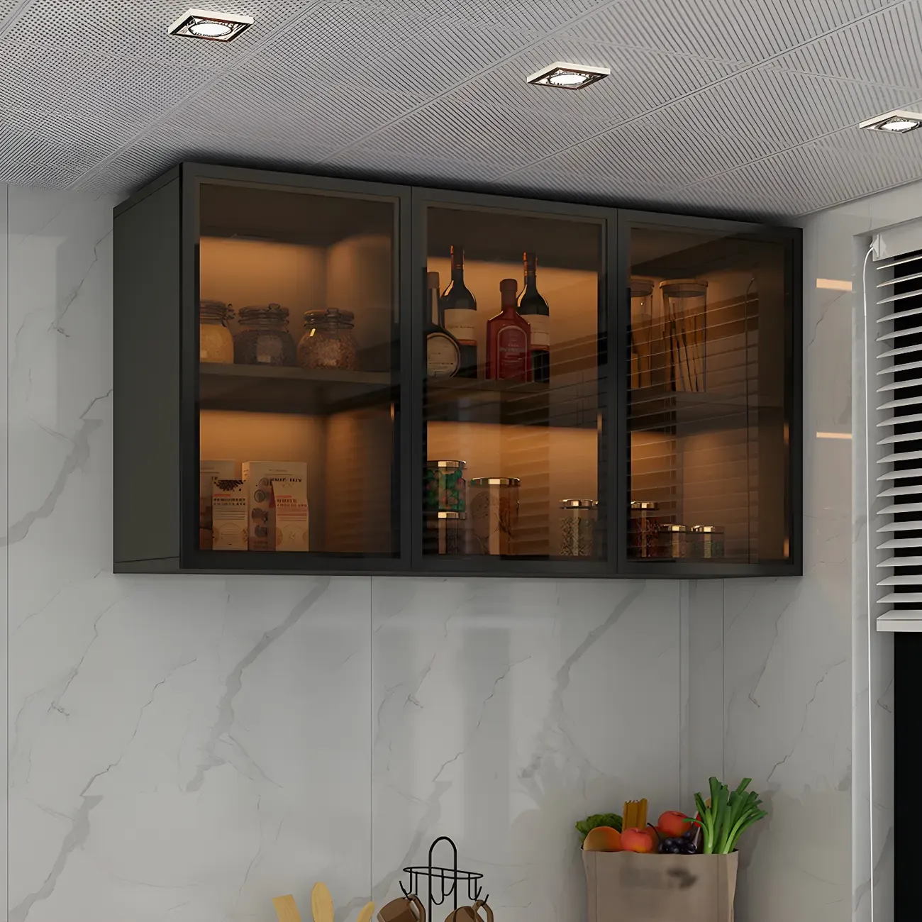 Black Wood Floating Mount Glass Dooor Kitchen China Cabinet Image - 16