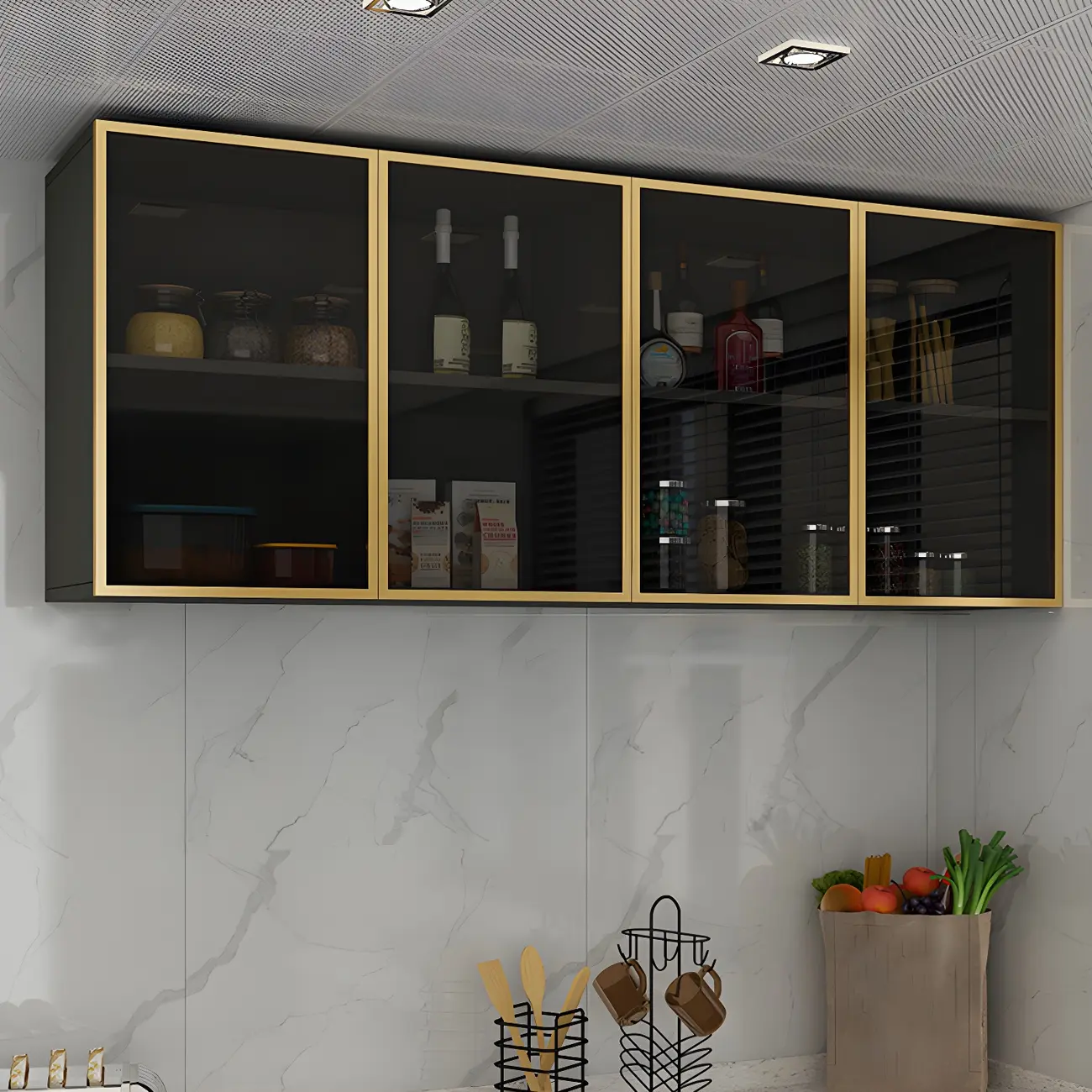 Black Wood Floating Mount Glass Dooor Kitchen China Cabinet Image - 17 | homeyfad