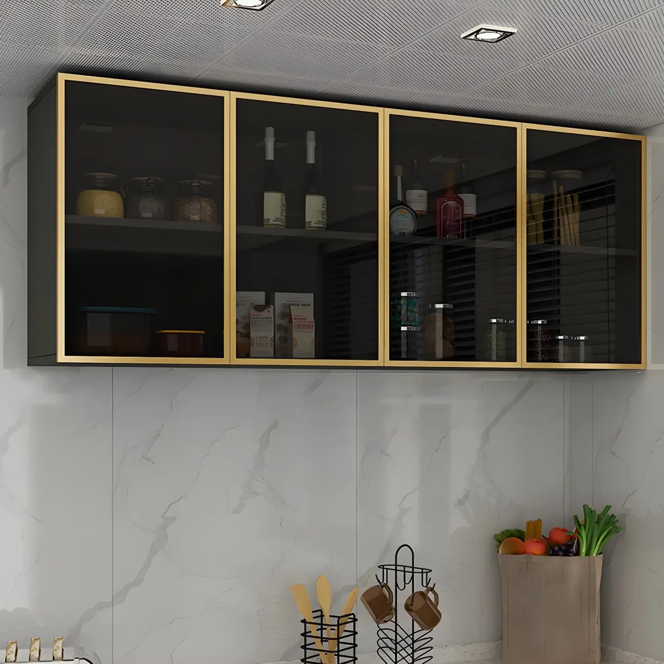 Black Wood Floating Mount Glass Dooor Kitchen China Cabinet Image - 17