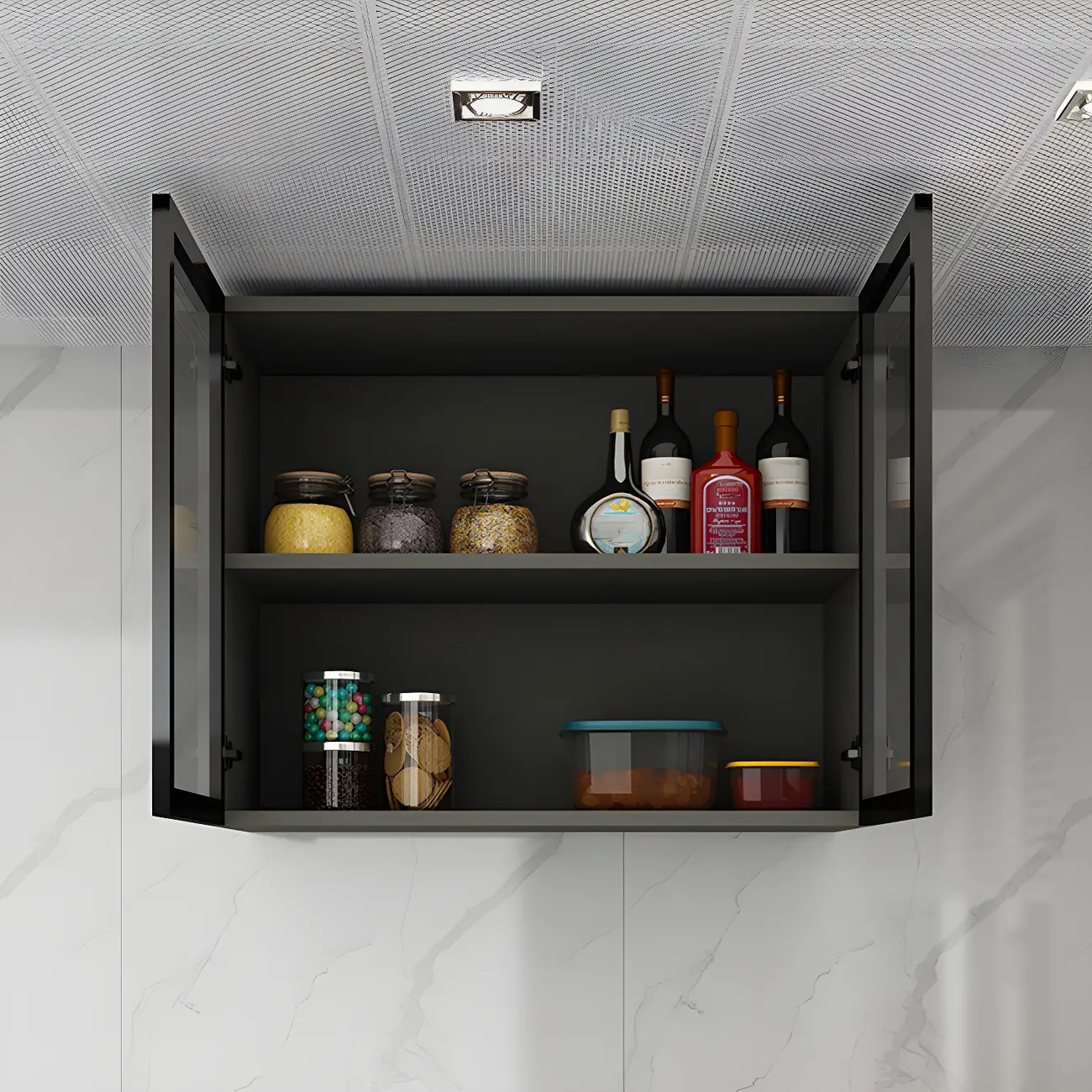 Black Wood Floating Mount Glass Dooor Kitchen China Cabinet Image - 18 | homeyfad