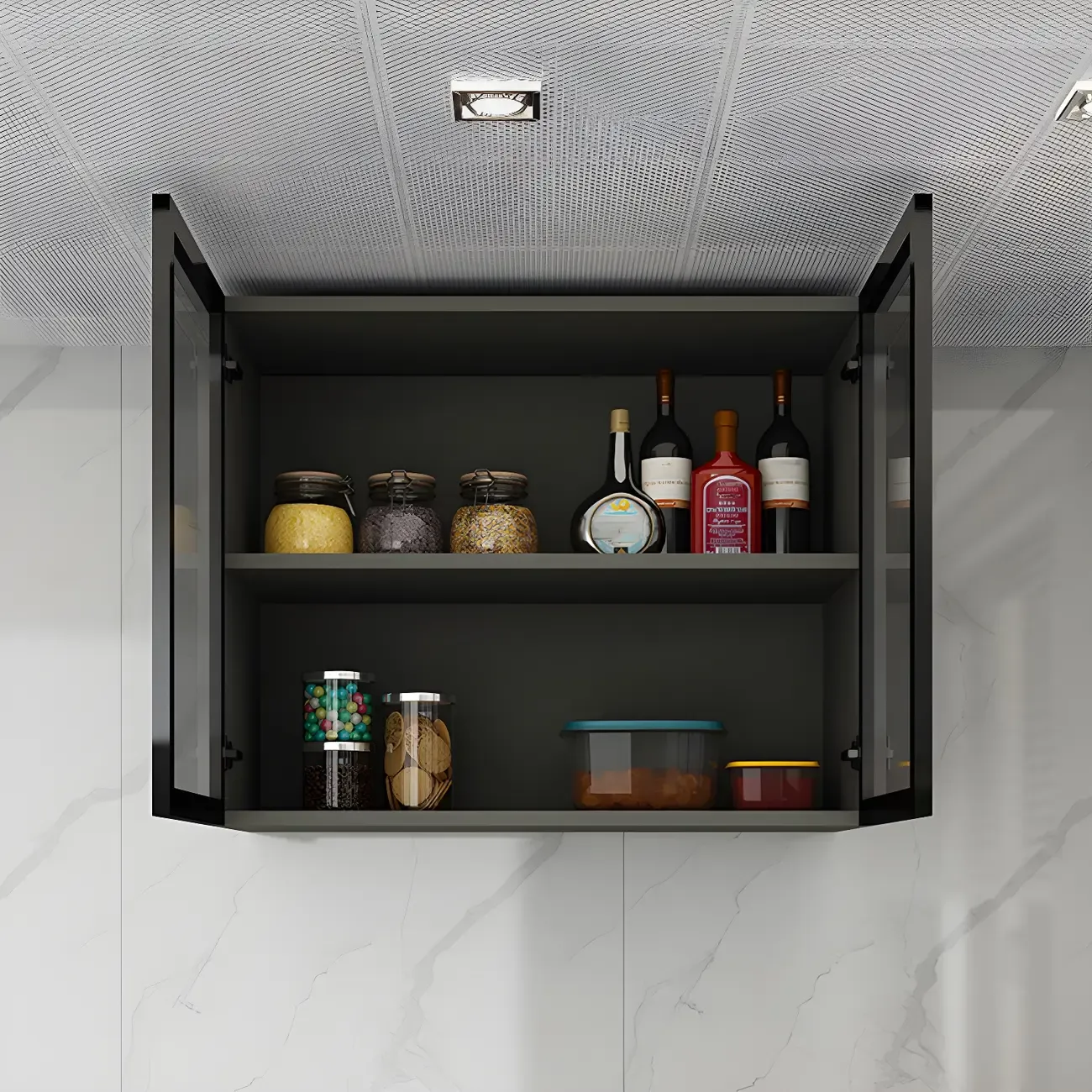 Black Wood Floating Mount Glass Dooor Kitchen China Cabinet Image - 18