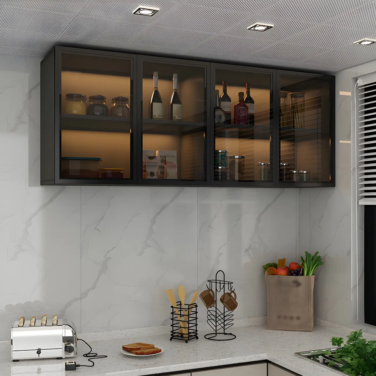 Black Wood Floating Mount Glass Dooor Kitchen China Cabinet Image - 19 | homeyfad