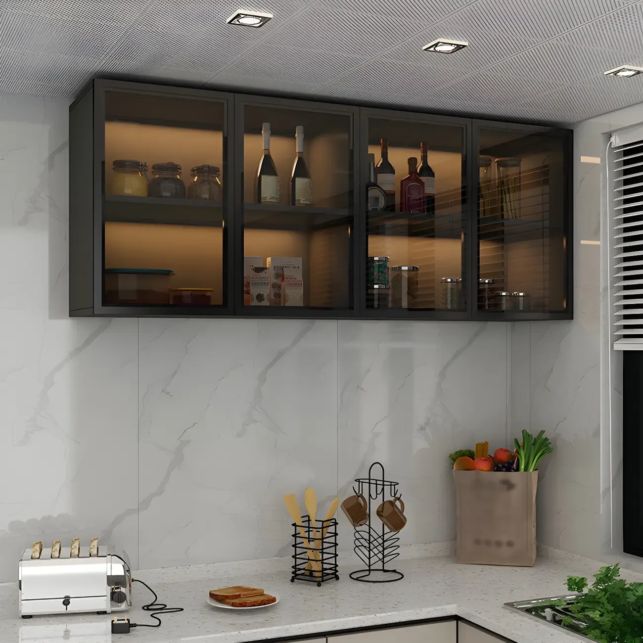 Black Wood Floating Mount Glass Dooor Kitchen China Cabinet Image - 19