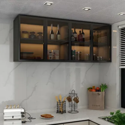 Black Wood Floating Mount Glass Dooor Kitchen China Cabinet Image - 19