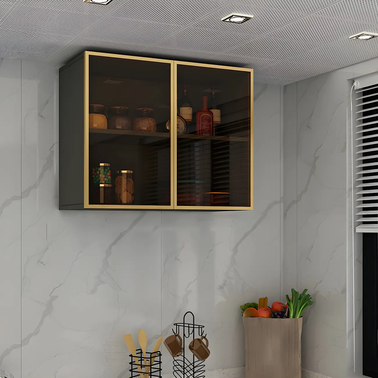 Black Wood Floating Mount Glass Dooor Kitchen China Cabinet Image - 20 | homeyfad