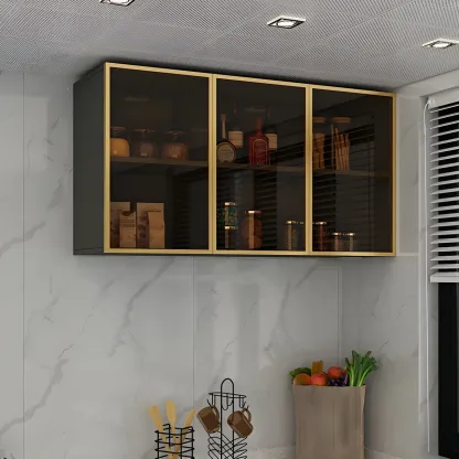 Black Wood Floating Mount Glass Dooor Kitchen China Cabinet Image - 21