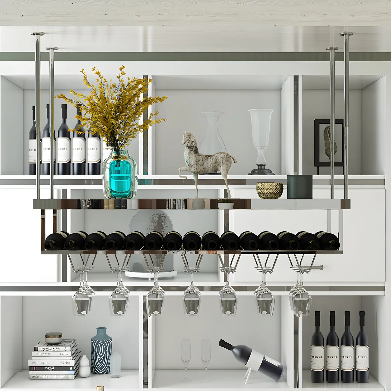 Modern Metal Hanging Wine Rack with Glass Holder Image - 1 | homeyfad