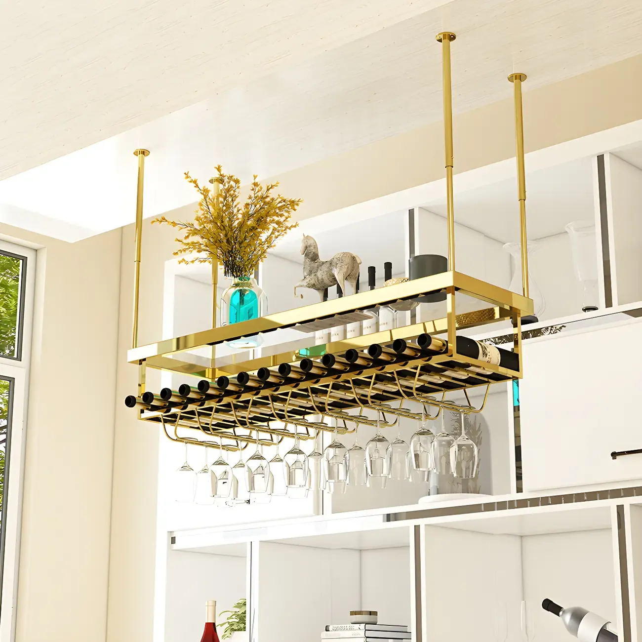 Modern Metal Hanging Wine Rack with Glass Holder Image - 4