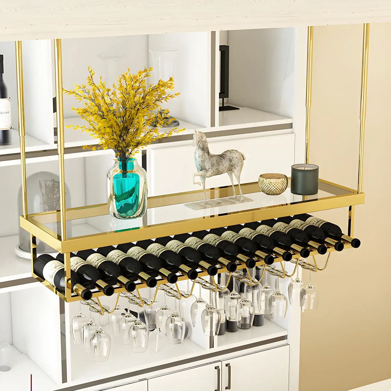 Modern Metal Hanging Wine Rack with Glass Holder Image - 8 | homeyfad