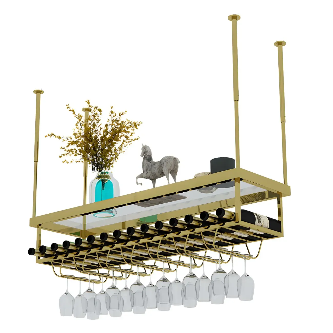 Modern Metal Hanging Wine Rack with Glass Holder Image - 10