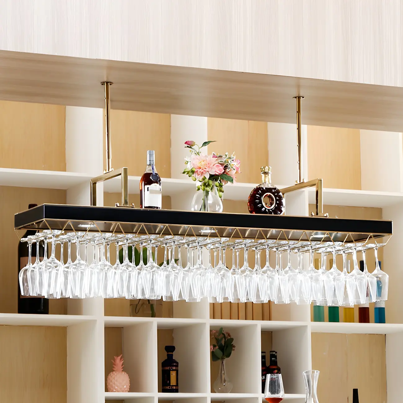 Elegant Black Hanging Wine Rack with Glass Holder Image - 1 | homeyfad