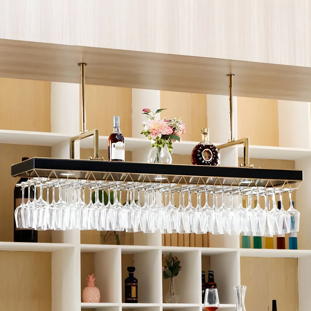 Elegant Black Hanging Wine Rack with Glass Holder | HomeyFad