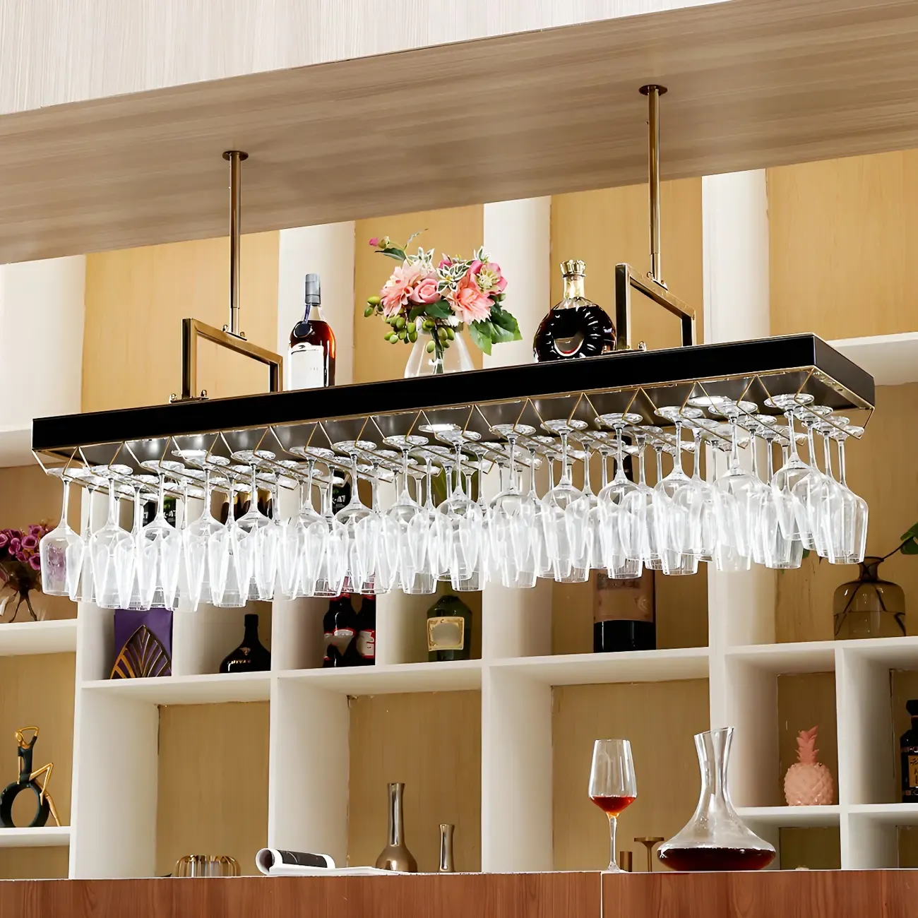 Elegant Black Hanging Wine Rack with Glass Holder Image - 2