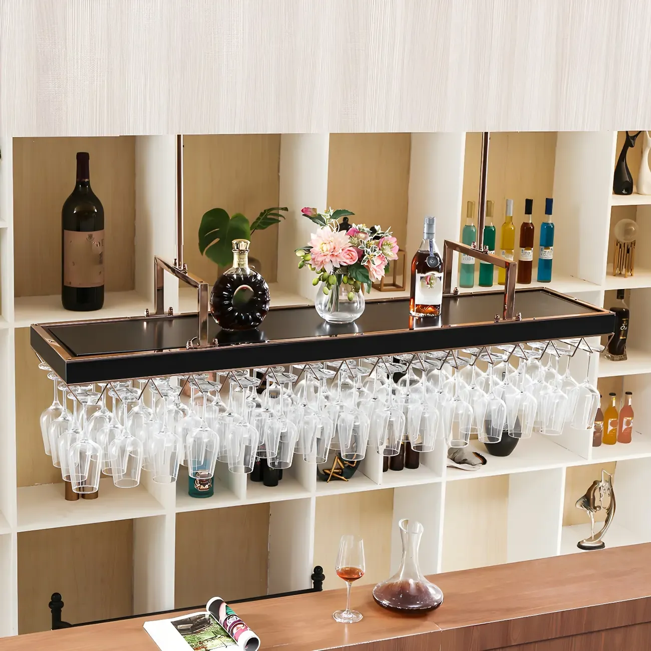 Elegant Black Hanging Wine Rack with Glass Holder Image - 6