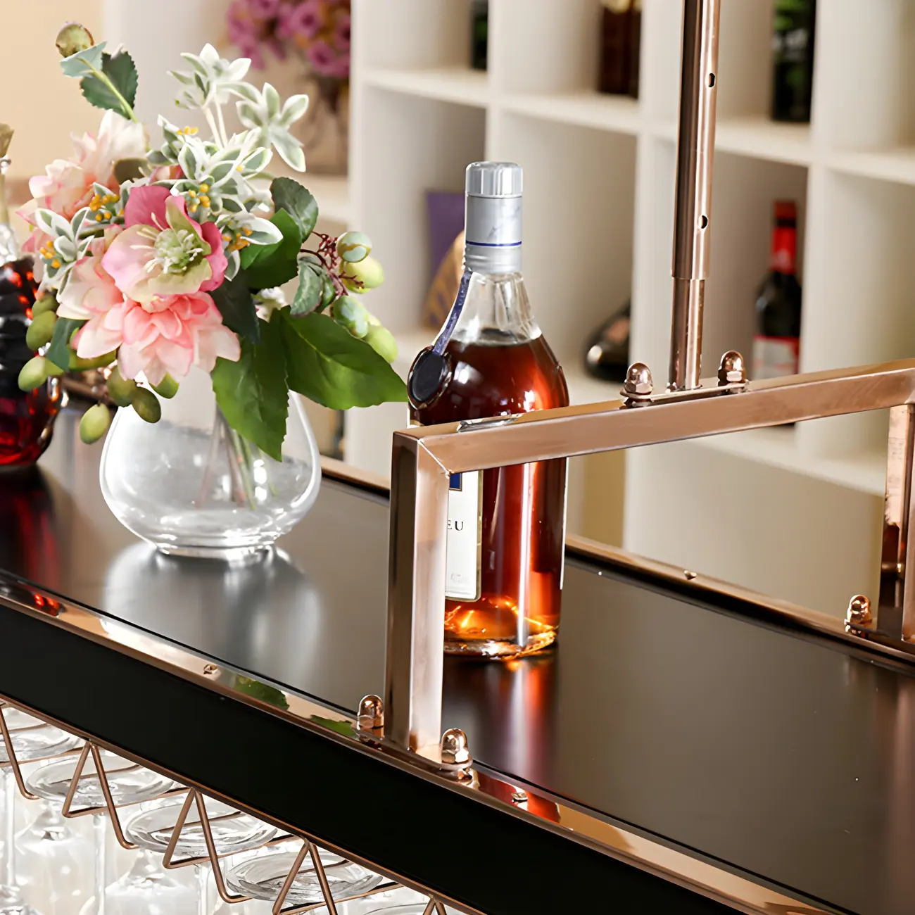 Elegant Black Hanging Wine Rack with Glass Holder Image - 9 | homeyfad