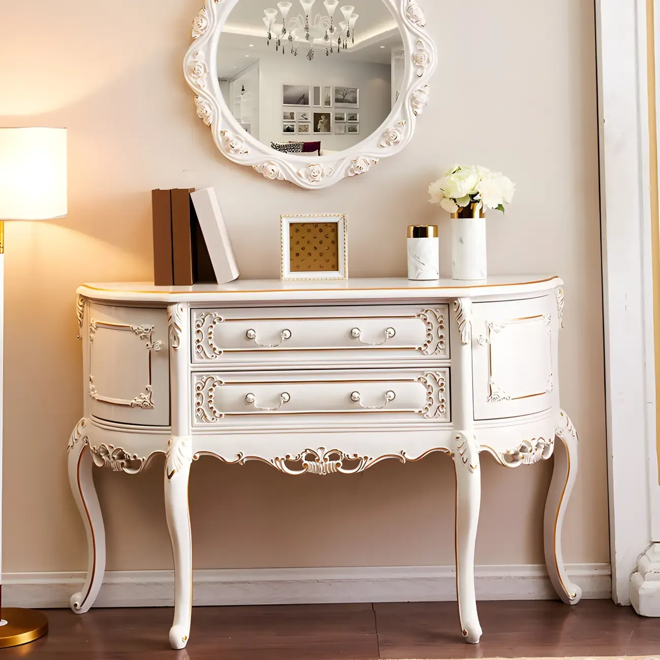 Vintage White Wood Console Table with Drawers Image - 1