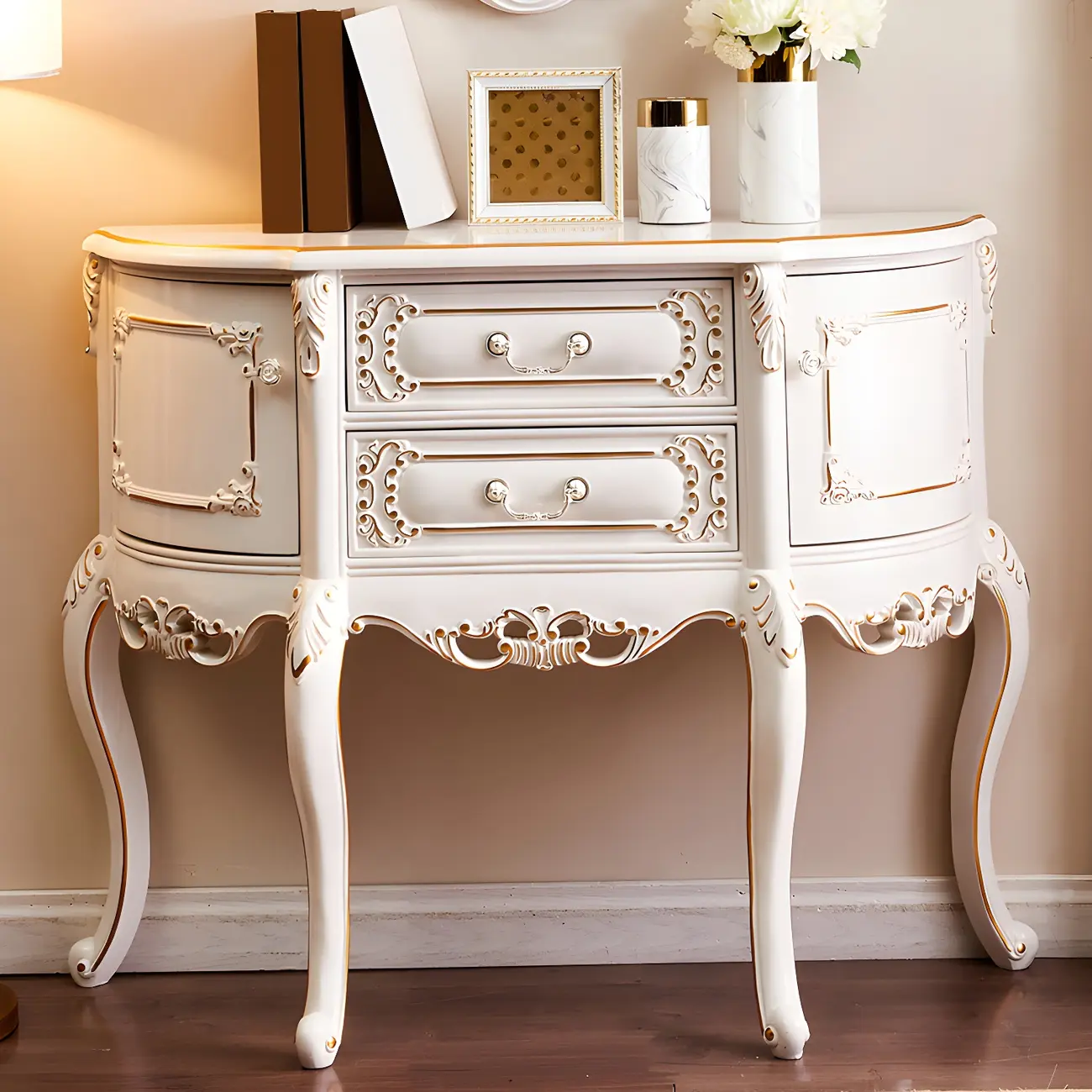 Vintage White Wood Console Table with Drawers Image - 2 | homeyfad