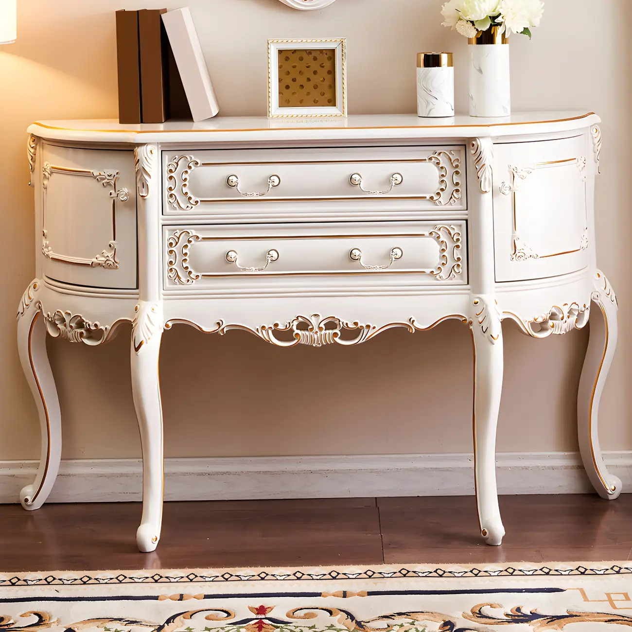 Vintage White Wood Console Table with Drawers Image - 3 | homeyfad