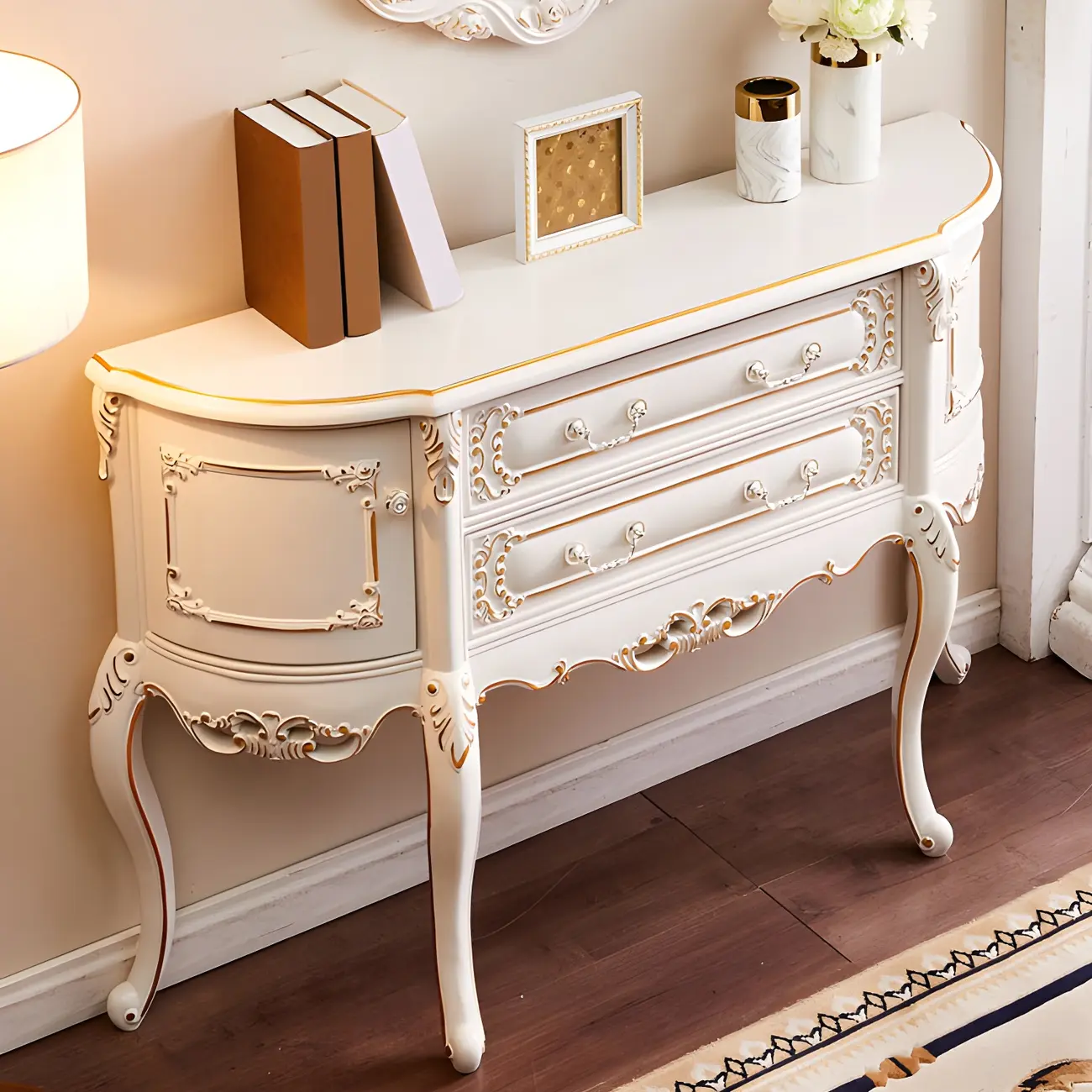 Vintage White Wood Console Table with Drawers Image - 4 | homeyfad
