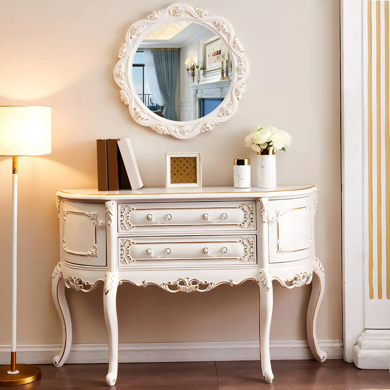 Vintage White Wood Console Table with Drawers Image - 6