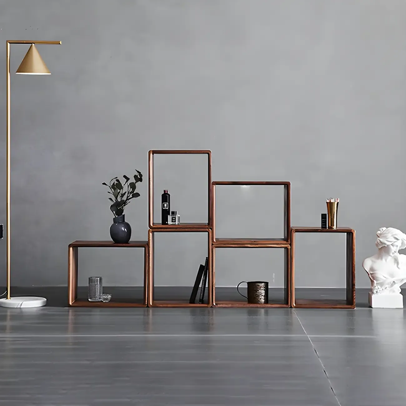 Mid-century Modern Brown Wood Cube Open Back Bookcase Image - 13