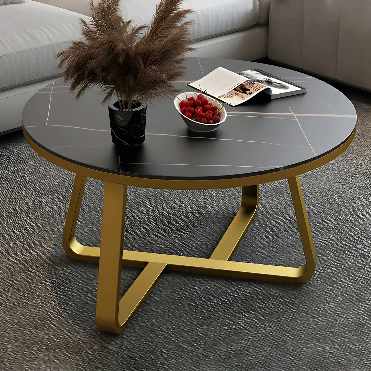 Glam Black Stone Round Cross Legs Coffee Table Image - 1 | homeyfad