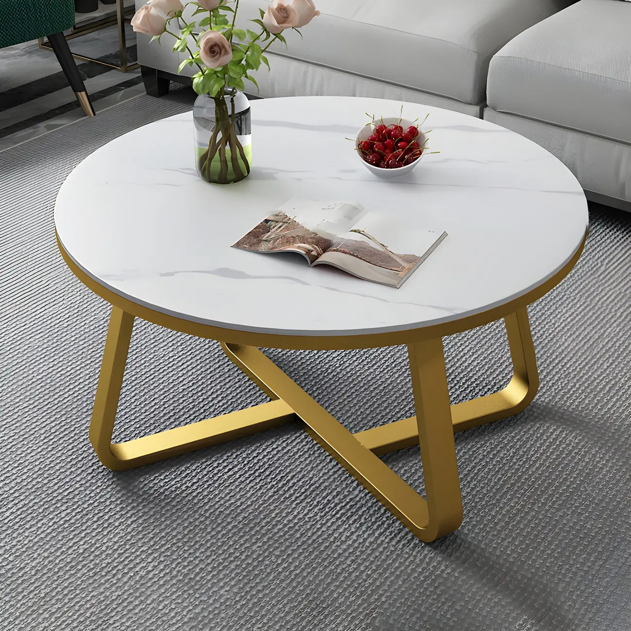 Glam Black Stone Round Cross Legs Coffee Table Image - 2 | homeyfad