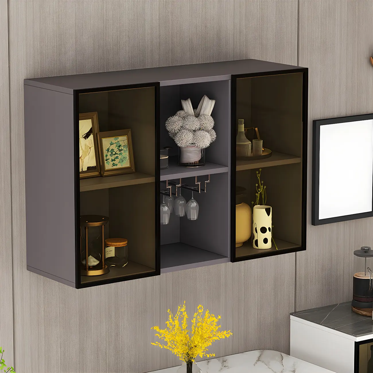 Rectangular Wood Wall-Mounted Glass Doors Display Cabinet Image - 4 | homeyfad