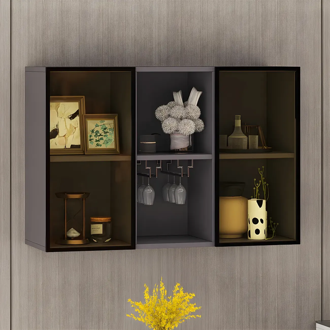 Rectangular Wood Wall-Mounted Glass Doors Display Cabinet Image - 5