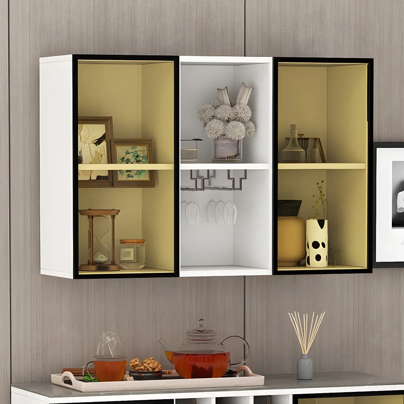 Rectangular Wood Wall-Mounted Glass Doors Display Cabinet Image - 3