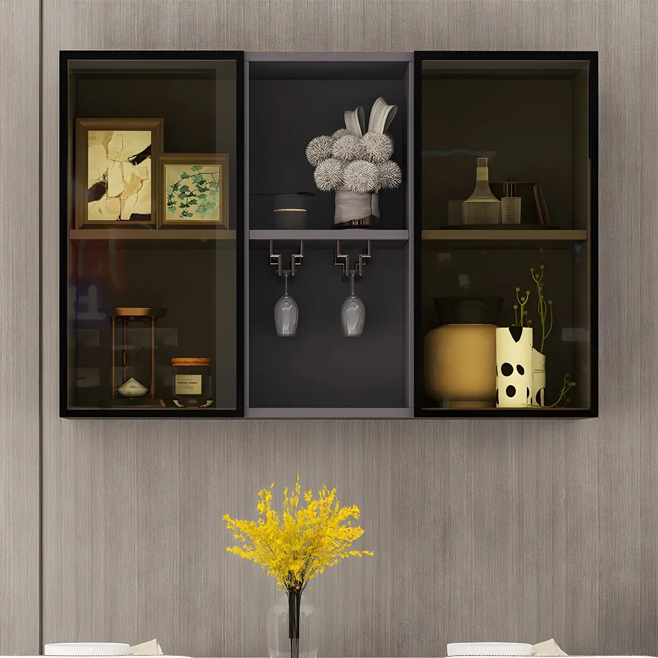 Rectangular Wood Wall-Mounted Glass Doors Display Cabinet Image - 8