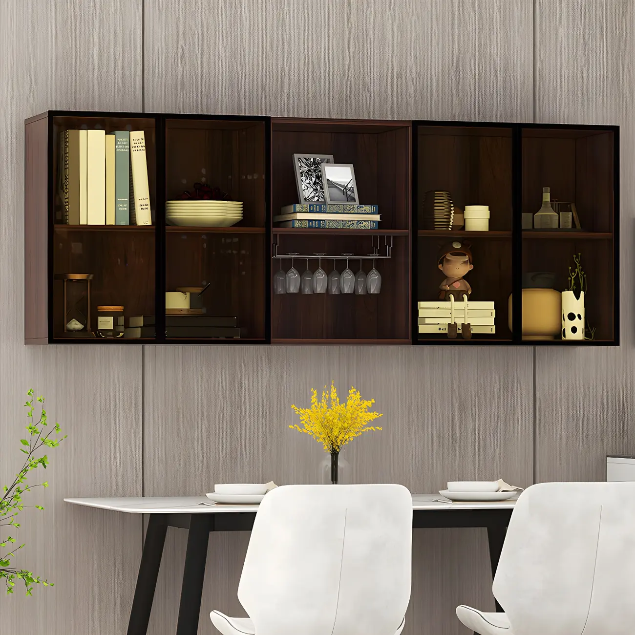 Rectangular Wood Wall-Mounted Glass Doors Display Cabinet Image - 10 | homeyfad